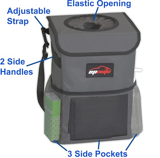 Waterproof Car Trash Can with Lid and Pockets, 2.5 Gal, Dark Gray | Leakproof, Collapsible Multipurpose Car Bin with 3 Side Storage Pockets, Adjustable Straps