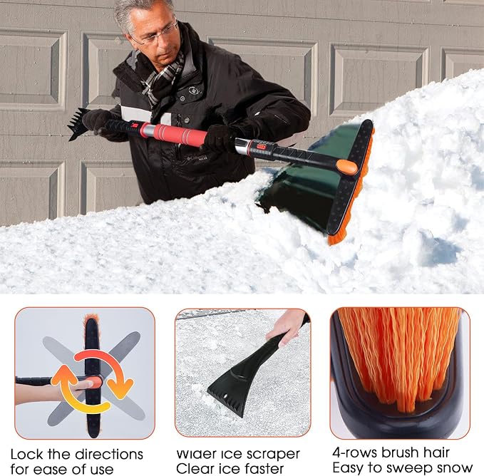47.2" Extendable Snow Brush and Wider Ice Scraper (4.73" Width) with 360° Pivoting Brush Head, Snow Removal Tool Car Brush with Comfortable Foam Grip for Car Windshield, Trucks, SUVs