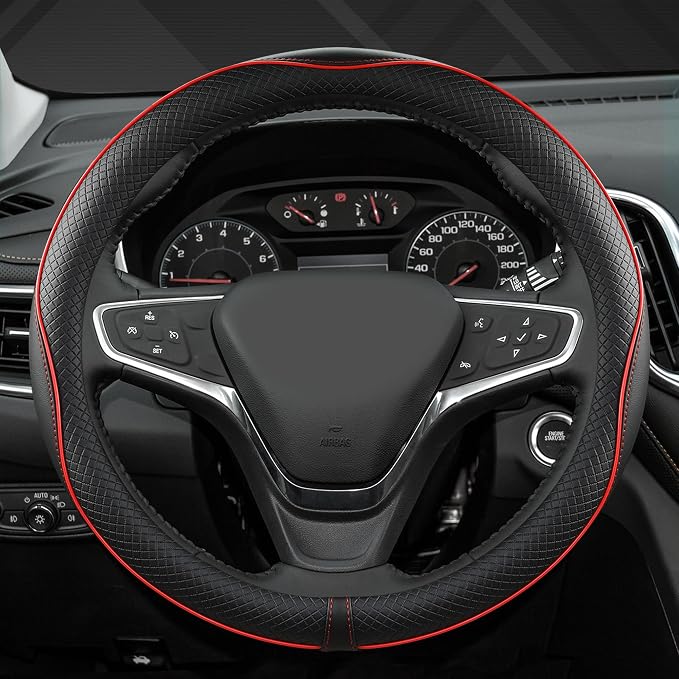Customized Auto Car Steering Wheel Cover for Chevy 14.5-15 inches, Steering Wheel Cover for Chevrolet(Black Line-Standard Size)