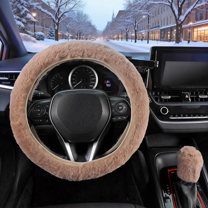 Furry Car Steering Wheel Cover with Gear Shift Cover, Soft and Warm, Cute Fluffy Auto Decor for Women Men, Standard Size, 2 PCS Set, Khaki