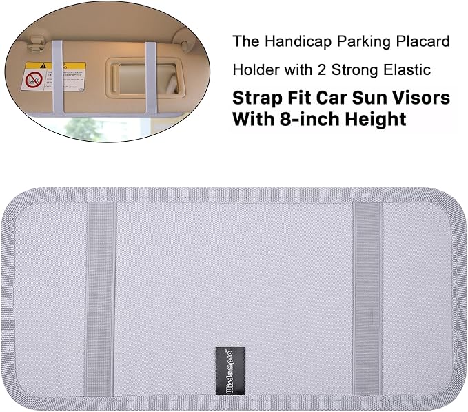 Handicap Placard Holder for Auto, Disabled Parking Permit Sign Protector for Car Sun Visor with Note Paper Slot, Pen Holder and Elastic Strap - Gray