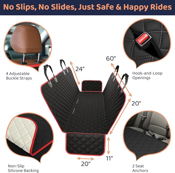 XL Dog Car Seat Cover for Back Seat, Waterproof Hammock for Car, SUV & Truck, Non-Slip Backseat Cover for Dogs, Heavy-Duty Dog Hammock Style Seat Protector Pets, Easy to Install & Clean