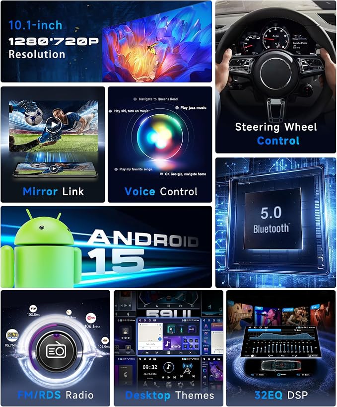 4G+64G Android 15 Doubel Din Car Stereo with Wireless Carplay Android Auto, 1280 * 720 Touch Screen GPS/WiFi/Bluetooth 5.0/ FM/32EQ/ SWC/Backup Camera