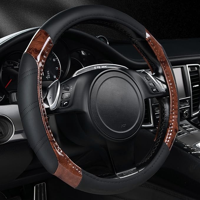 Wood Grain Microfiber Leather Sporty 14.5-15 inch Steering Wheel Cover Universal Fits for 95% Truck,SUV,Cars, Anti-Slip Safety Comfortable Design (Black Wood Grain)