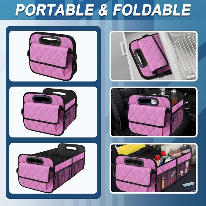 Car Trunk Organizer for SUV, Car Organizers and Storage with Reinforced Handles, Car Accessories for Women/Men 70L Waterproof Polyester Trunk Organizer(Large, Pink)