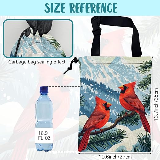 Red Cardinals Pine Branch Car Garbage Bag Snowy Mountain Hanging Canvas Car Trash Bag Drawstring Car Back Seat Organizer for Car Back Front Seat Console with Adjustable Buckle