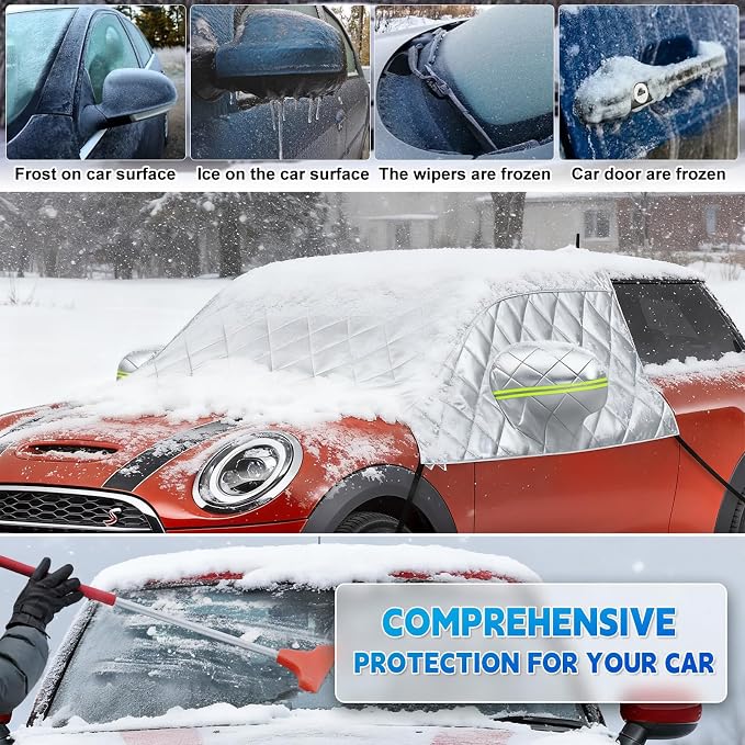 Custom Fit Windshield Snow Cover for Mini Cooper – 6-Layer Frost Guard with Mirror Covers & Secure Steel Hooks – Automotive Windshield Snow Covers