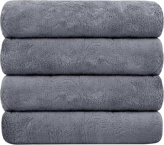 Bath Towels 4 Pack, Oversized Microfiber Bath Towels for Adult Men Women, 30" x 60", Large, Soft and Super Absorption Multipurpose for Bath, Beach, Pool, Sport - Grey Floral Pattern