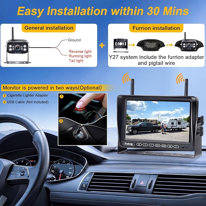 RV Backup Camera Wireless Plug and Play: Pre-Wired for Furrion System Recording Wide View Rear View Camera Clear Night Vision HD 1080P 7'' Touch Key Monitor for Trailer Camper Motorhome Y27-N