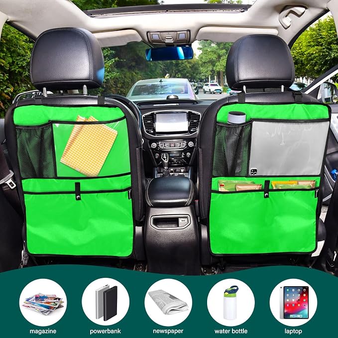 Neon Green Car Seat Organizer for Kids Backseat Kick Mat with Adjustable Strap Seat Back Covers for SUV Vehicle Cars 2 Pcs