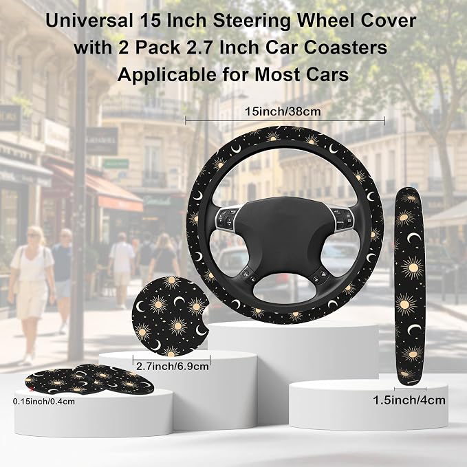 Sun Moon Steering Wheel Cover for Women Girly,Stars and Clouds 15 Inch Non-Slip Breathable Neoprene Steering Wheel Cover Fit Auto,SUVs,Includes 2 PCS Cup Coasters