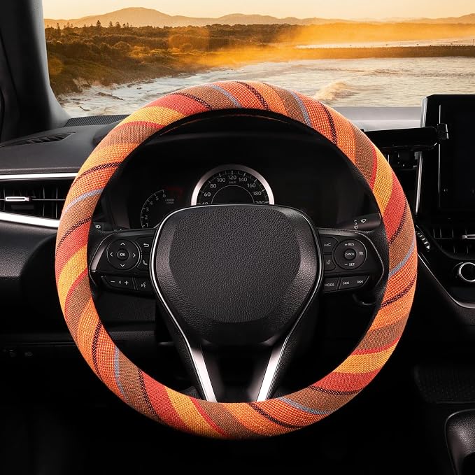Boho Steering Wheel Cover with Baja Blanket Cloth, Ethnic Style Auto Wheel Cover Made of Coarse Flax, Fits 14 1/2-15 1/4 inches Car Wheel