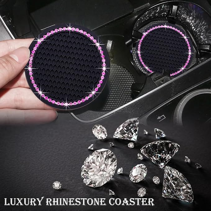 2PCS Bling Cup Holder Coaster, 2.75 Inch Auto Car Cup Holder Insert Coasters, Soft Silicone Anti-Slip Shockproof, Universal Vehicle Interior Accessories for Women Girls (Black & Pink)