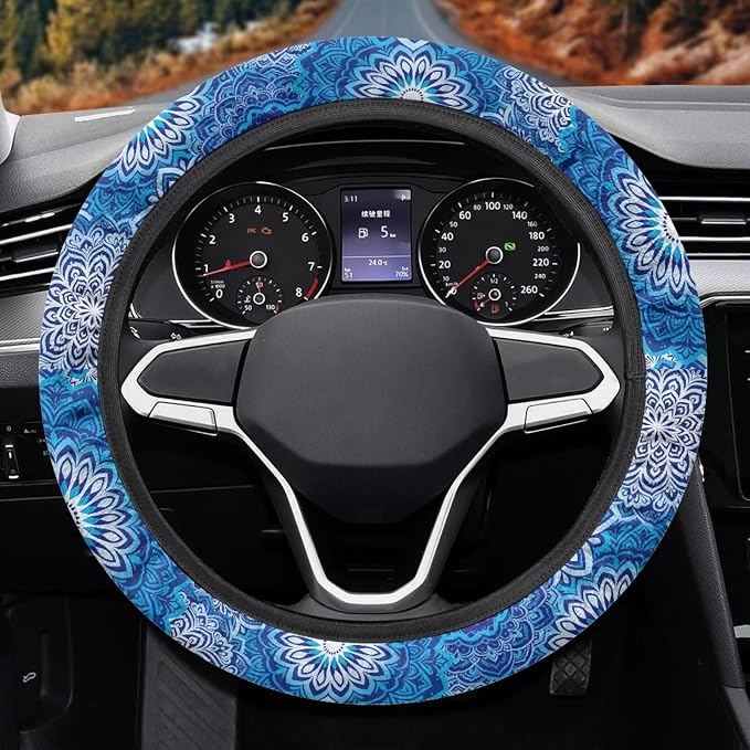 Elastic Steering Wheel Cover Non-Slip Protection for Women Men | Comfort Anti-slip Safety Stretch-on 14-15 inch, Blue Boho Flower Easy Fix Machine Washable Steering Wheel Protection
