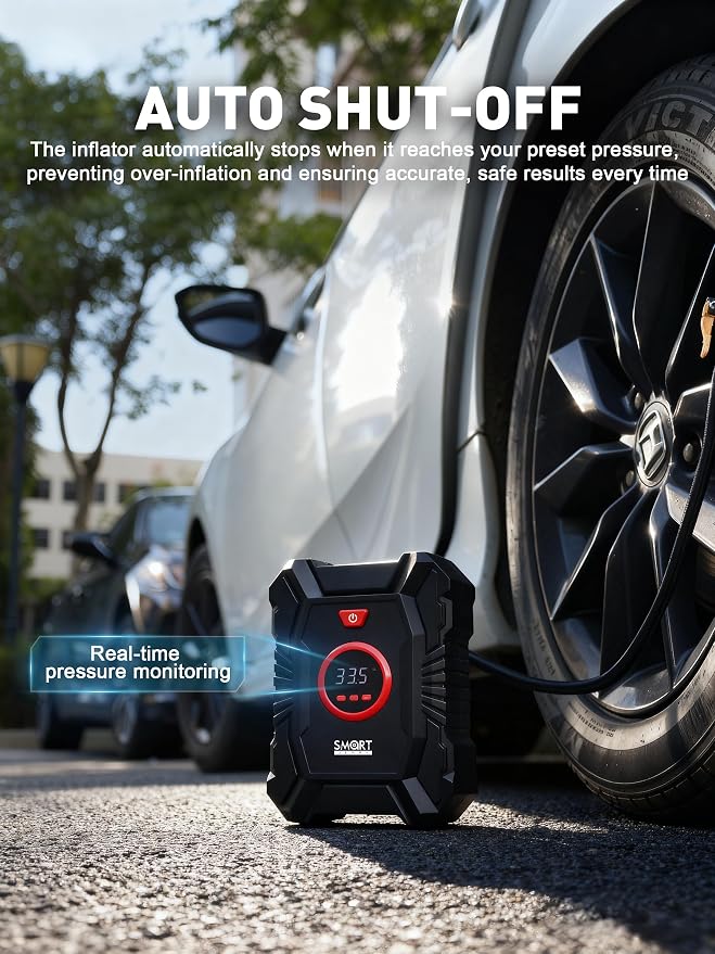 Portable Tire Inflator for Car, 12V Air Compressor, Max 100 PSI | Car Portable Air Compressor, Digital Tire Inflator with Gauge, Smart Auto-Stop & Fast Inflation Design
