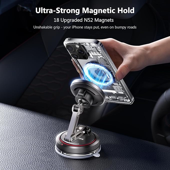 for MagSafe Car Mount [3-Axis] Nano Adhesive Gel + Strong Suction Cup Magnetic Phone Holder for Dashboard & Windshield, 360° Adjustable for iPhone 17 16 15 14 13 12, Samsung, Matte Black