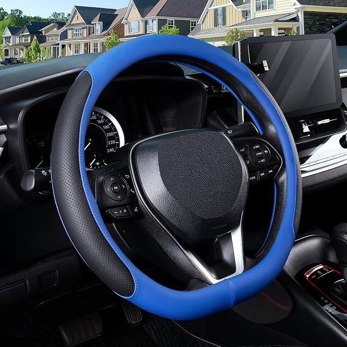 D Shaped Steering Wheel Cover for 14.5-15 inch Flat Bottom Wheels, Breathable Perforated Microfiber Leather, Anti-Slip Grip, Universal Fit for Cars & SUVs, Black and Blue