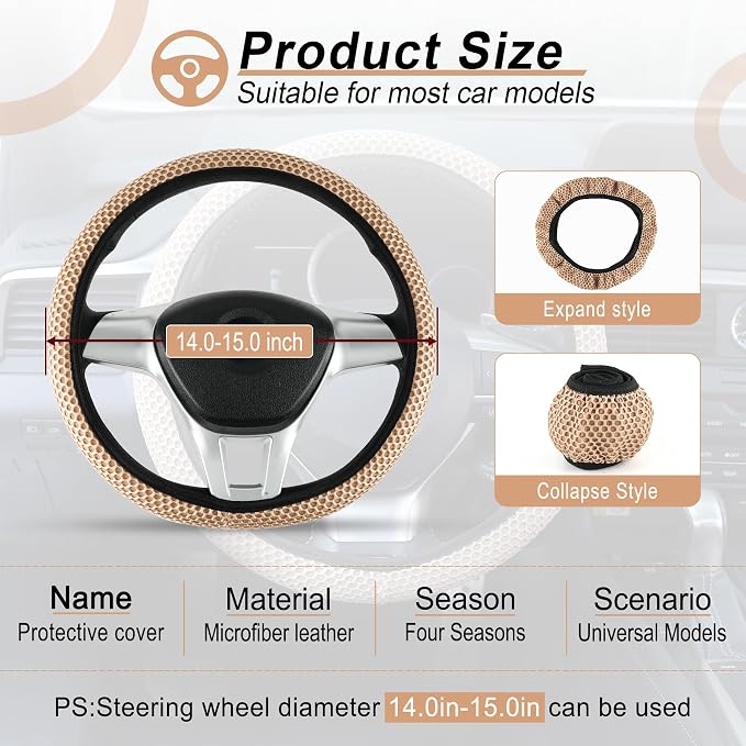 Elastic Stretch Steering Wheel Cover, Breathable Microfiber Ice Silk, Anti-Slip, Car Interior Accessories Fits for 14"-15" Steering Wheel Covers for Women & Men(Beige)