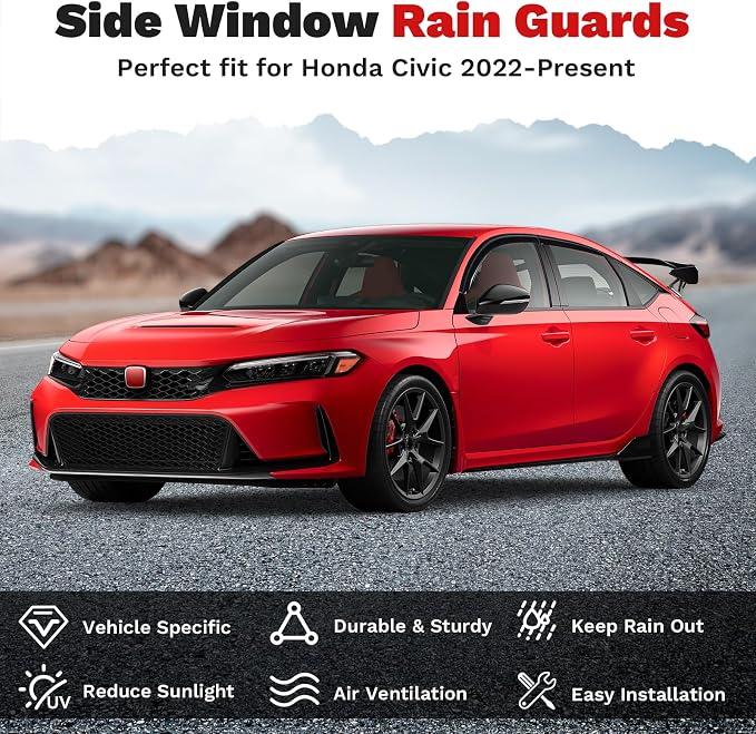 Window Visors Rain Guards for 2022-2025 2026 Honda Civic Hatchback LX Sport Touring EX-L Accessories, Outside-Mount Tape-On Side Window Wind Deflectors Vent Visors Shades Rainproof Black 4PCS