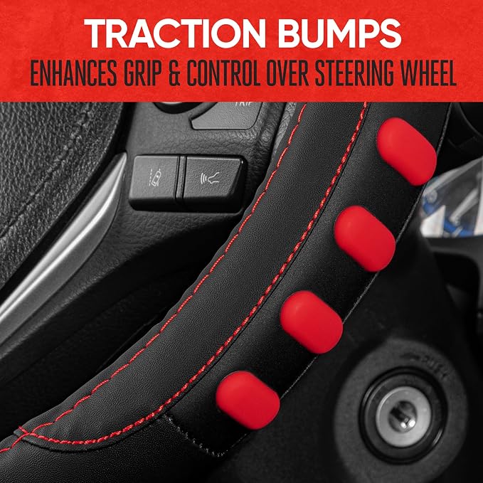 FlexGrip Red Steering Wheel Cover for Cars – Standard 15 inch Car Steering Wheel Cover, Red and Black Steering Wheel Protector for Auto Truck Van SUV