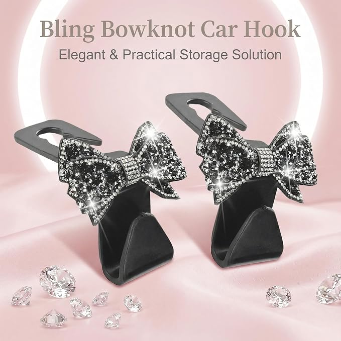 2 PCS Bling Car Seat Headrest Hooks, Crystal Rhinestone Bow Car Purse Hooks, Vehicle Seat Back Storage Hook for Handbag Purse Coat Grocery, Universal for SUV Truck Sedan (Black)