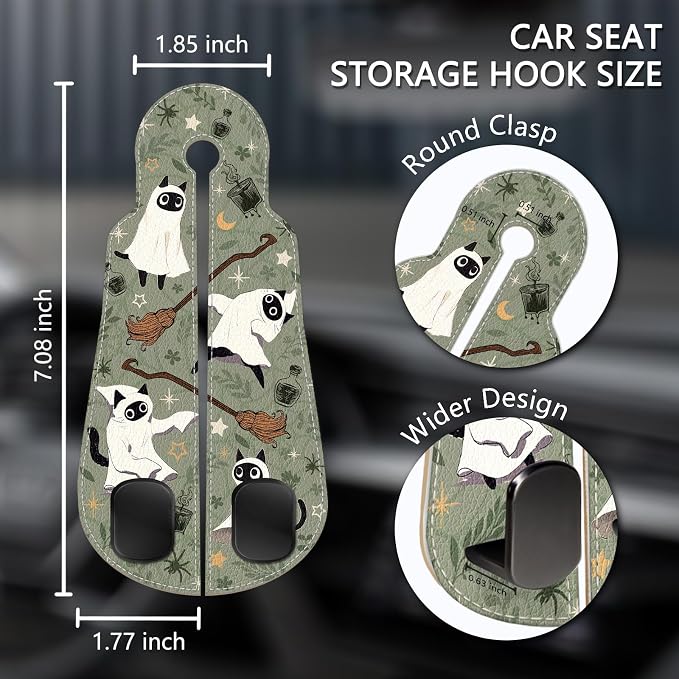 2PCS Car Hooks for Purses Bags, Halloween Spooky Cute Cat Witch Magic Seat Back Storage Headrest Holder Hanger PU Leather Double Metal Backseat Organizer, Women Car Accessories Organization