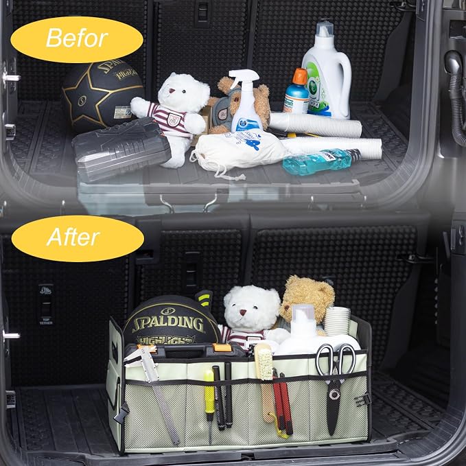 Car Trunk Organizer, Car Organizers and Storage Collapsible Multi Compartment Container Box, Adjustable Car Accessories for SUV Sedan Truck, Standard Size, Light Green