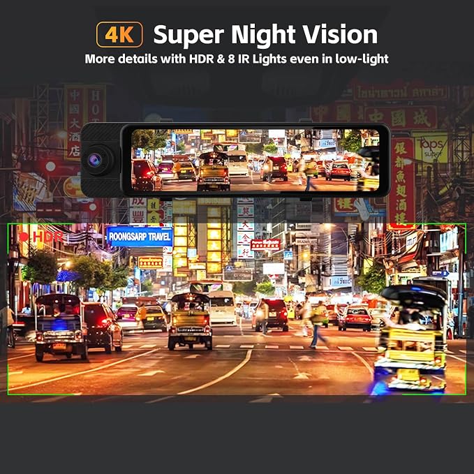 3 Channel Rear View Mirror Camera, 4K+1080P+1080P Front Inside and Rear Car Camera, 12" Touch Screen Backup Camera with 5GHz WiFi GPS, 24H Parking Mode, HDR Night Vision, G Sensor, Free 64G Card