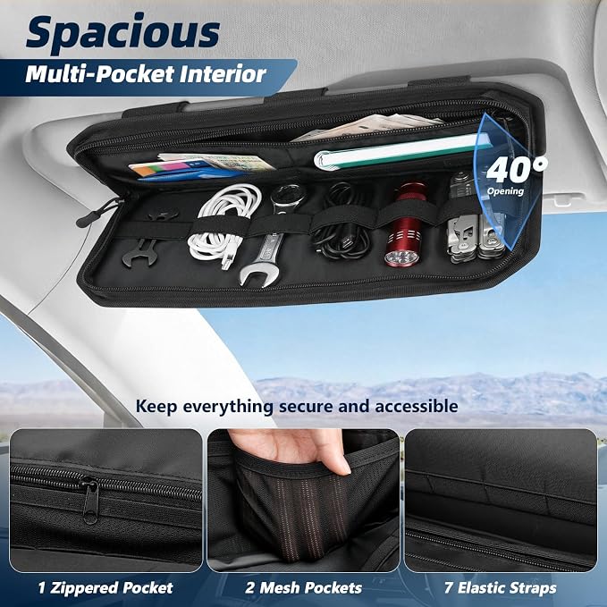 Car Sun Visor Organizer, Molle Car Storage Organizer with Zipper Pouch, Glasses Clip, Adjustable Strap, Semi-Rigid Molle Panel Universal Fit for Most Cars, SUVs, Trucks, Jeeps, Black