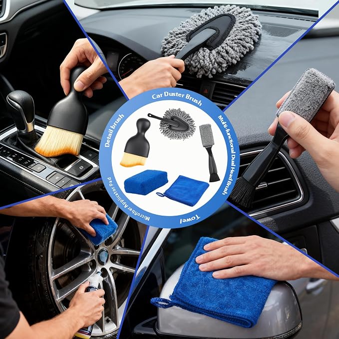 10PCS Car Detailing Brush, Ultra Soft Boars Hair Car Interior Exterior Detailing Brushes, Car Dash Duster Brush, Magic Sponge, Car Cleaning Gel, Car Accessories for Air Vents, Wheels, Leather Seat