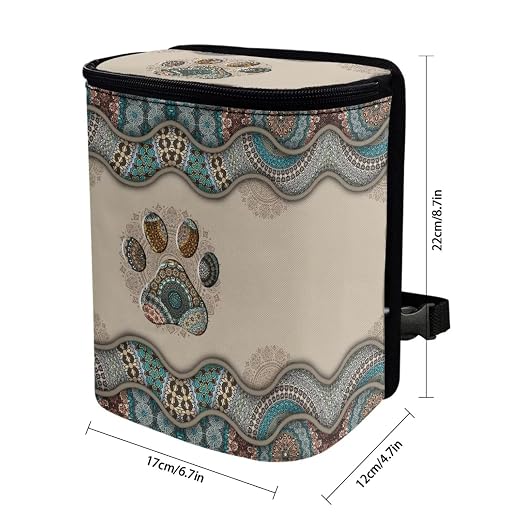 Boho Paws Print Car Trash Can with Lid, Leak Proof Auto Trash Bag Hanging Vehicle Garbage Can Multipurpose Storage Container for Back Seat Road Trip