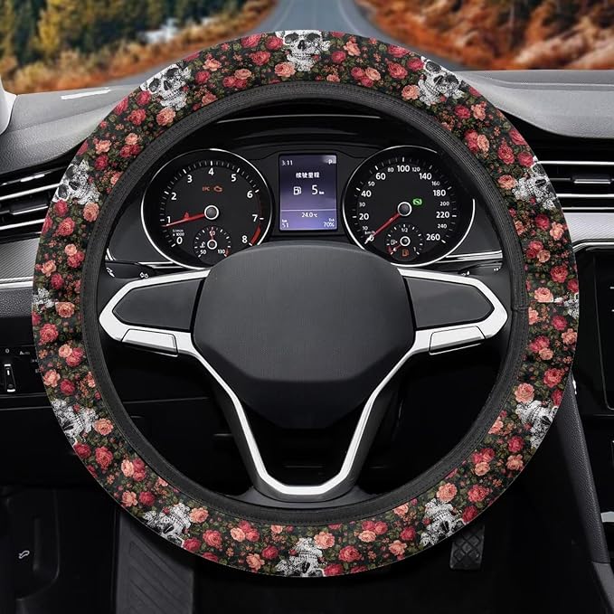 Auto Steering Wheel Covers Anti-Slip Safety Stretch-on 14-15 inch | Skull Flower Print, Steering Wheel Protector with Cloth for Women Keep Warm Comfort Grip Sweat Absorption Neoprene