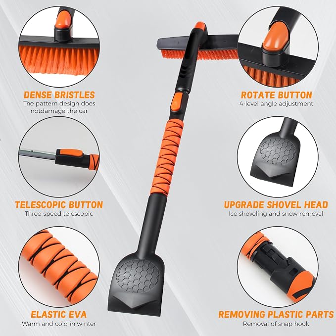 [Upgrade] 45" Extendable Snow Brush for Car Windshield, Military-Grade Sturdy Large Ice Scraper, 360° Pivoting Brush Head with Silicone Grip for Truck, SUV, Auto