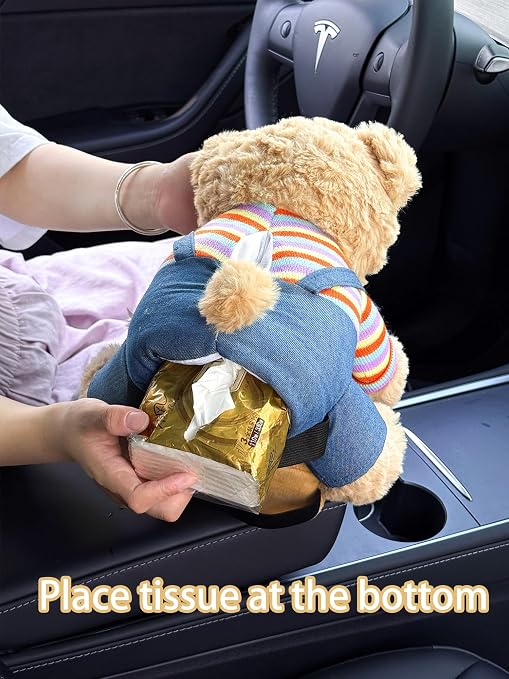 Cute Car Trash Can with Tissue Holder Teddy Bear Tissue Box Console Stuffed Animal Organizer Plush Doll Multifunctional Creative Accessories for Women Rainbow Bear