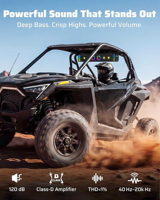 34 Inch UTV Sound Bar, IP66 Waterproof Bluetooth Golf Cart Sound Bar, ATV SoundBar with RGB Lighting, Amplified Powersports SXS SoundBar, UTV Speakers Compatible with Polaris RZR Can-Am