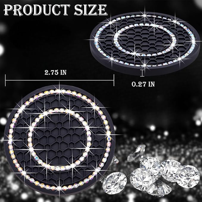 2PCS Bling Crystal Rhinestone Cup Holder Coaster, 2.75 inch Soft Silicone Anti-Slip Shockproof, Car Cup Holder Insert Coasters, Universal Car Interior Accessories for Women (Black & Colorful)