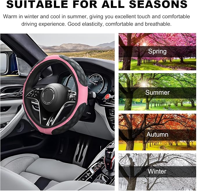 Car Steering Wheel Cover, 15 Inches Non-Slip Leather Steering Wheel Protector, Universal Soft Cover Mats for Car Truck SUV, Interior Car Accessories (Pink)