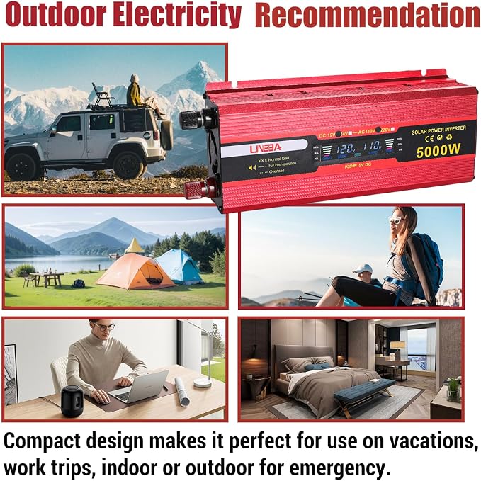 5000 Watt Red Power Inverter with LED Display,Dual AC Outlets,USB Port, 12V DC to 110V AC Converter Car Power Inverter for Vehicles, Car, RV, Truck, Off Grid Solar System, Outdoor Camping