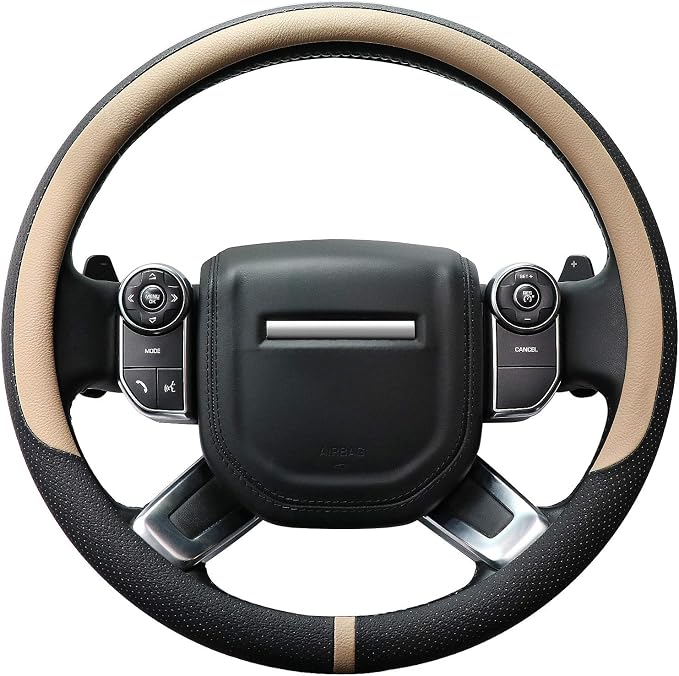 Breathable Car Steering Wheel Cover 16 inch Auto Universal Leather Wrap Non-Slip Steeringwheel Protector Automotive Interior Accessories, Beige (Suit for 15 1/2-16 inch)
