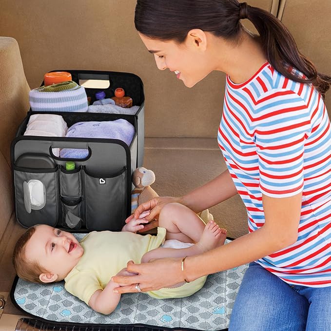 Out-n-About Trunk Organizer for SUVs and Cars with Portable Changing Pad and Wet Baby Wipes for Diaper Changes On-the-Go, Collapsible, Grey