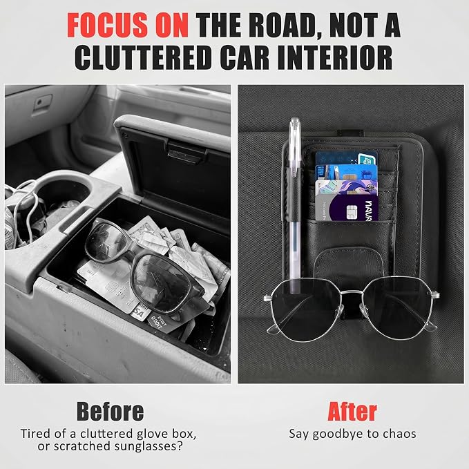 Sunglass Holder for Car Visor, Multi-Pocket Leather Car Sun Visor Organizer with Ticket Pens Card Clip, Sunglasses Holders,Suitable Eyeglasses,Car Accessories Keep Tidy (Black)