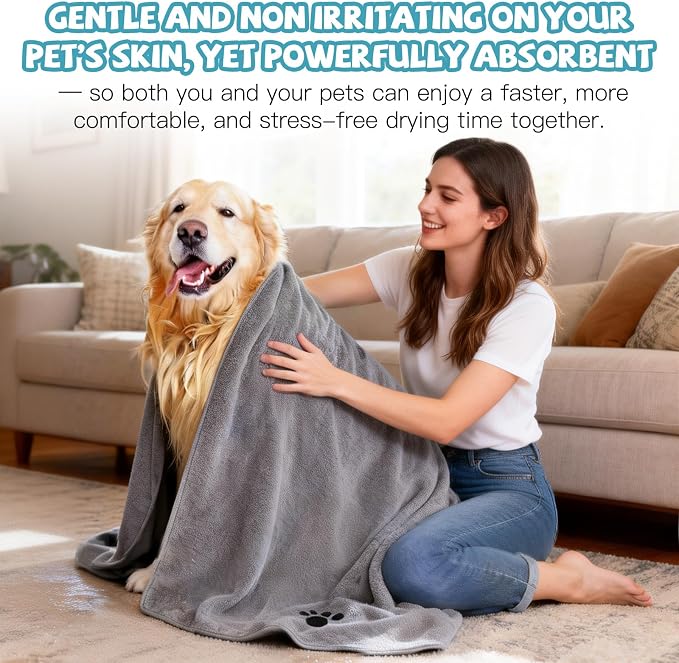 Microfiber Dog Towels for Drying Dogs, Super Absorbent and Soft Pet Grooming Towel, 40 Inch X 23.6 Inch, Perfect Dog Shower & Bath Supplies for Large, Medium or Small Dogs, Grey