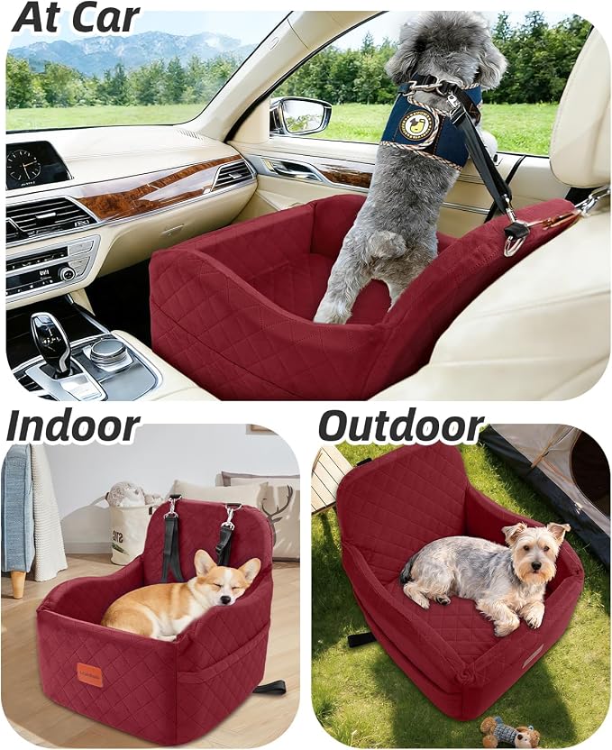 Dog Car Seat for Small/Medium Dogs,6in Elevated Cushion,Fits in Front/Back Seat,Fully Detachable and Washable,2 Storage Pockets,Easy to Install (Red, Medium)