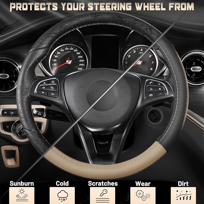 Car Steering Wheel Cover Universal Standard Size 14.5-15 inch, Black and Beige Microfiber Leather
