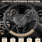 Car Steering Wheel Cover Universal Standard Size 14.5-15 inch, Black and Beige Microfiber Leather