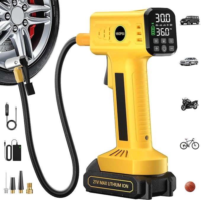 Tire Inflator Portable Air Compressor, Fast Inflation, 160 PSI Cordless Tire Inflator with 21V Rechargeable Battery & 12V Car Power Adapter, Air Pump for Car Tires, SUV, Motorcycle, Bike, Ball