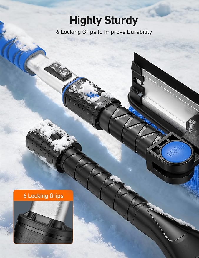 47.2" Ice Scrapers for Car Windshield, 3 in 1 Sturdy Snow Brush with Squeegee, 10 Adjustable Length Settings, Extendable Aluminum Handle, 180° Pivoting Snow Scraper for Car, Truck, SUV(Blue)