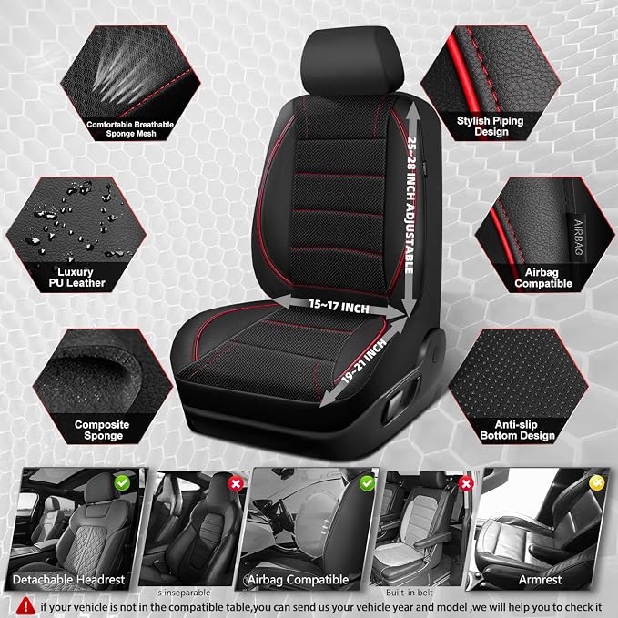 Mesh Leather Car Seat Covers Full Set,Breathable Mesh Faux Leather Seat Covers for Car, Universal Fit for SUV Truck Sedan Automotive, Airbag Compatible, Black and Red
