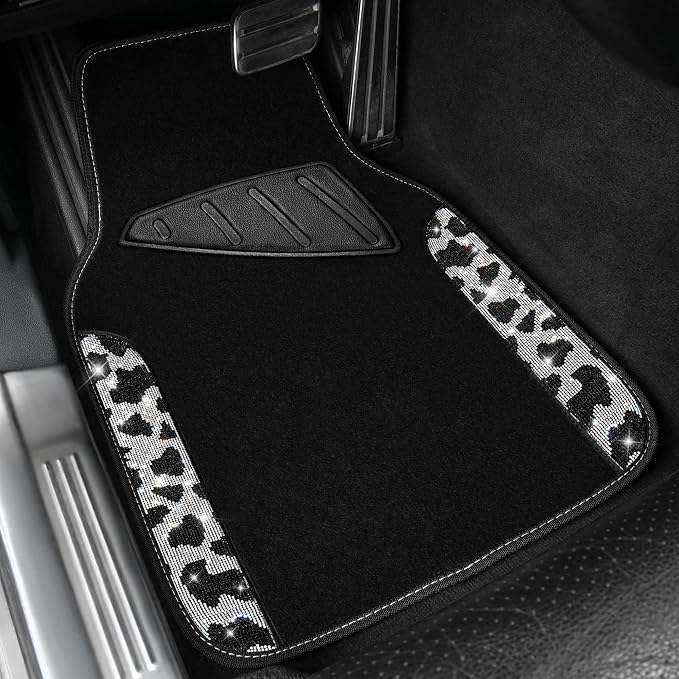 Bling Cow Car Mats Rhinestones Diamond Waterproof Floor Mat Crystal Sparkly Shining Glitter Carpet Anti-Slip PVC Heel Pad, Universal Fit Automotive SUV,Sedan,4pcs Girly Women, Cow Diamond