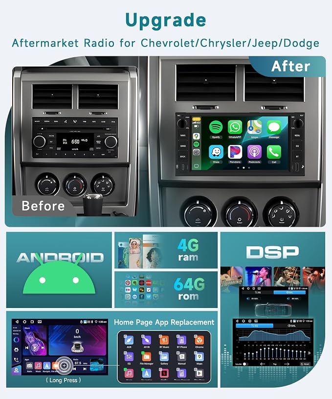 4G+64G 5G WiFi Android Car Radio Stereo for Jeep Wrangler 2007-2018 Dodge RAM Chrysler with Wireless Carplay Android Auto 1080P Cam USB/Type-C, 7" for Jeep Wrangler Radio for Dodge RAM Chrysler Radio
